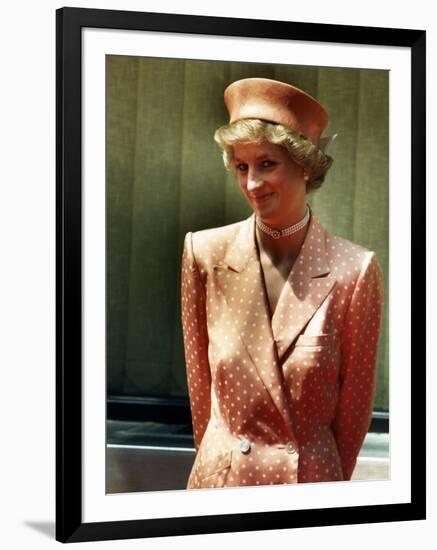 Princess Diana Princess of Wales Wearing Orange and White Polka Dot Dress with Matching Hat-null-Framed Photographic Print