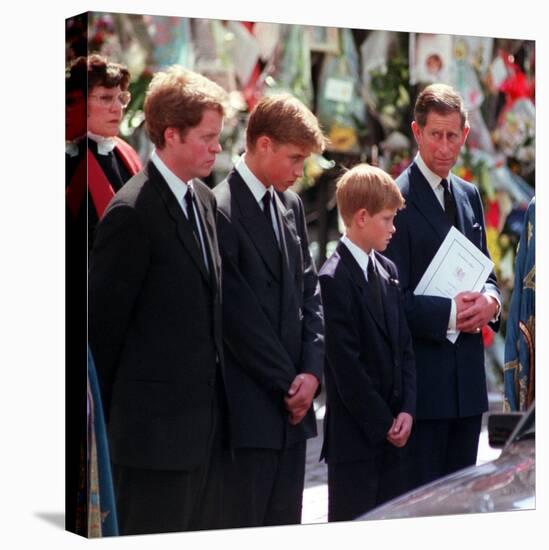 Princess Diana's Funeral coffin leaves Westminster Abbey with Prince Charles Prince Harry Prince Wi-null-Stretched Canvas