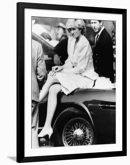 Princess Diana Sitting on Prince Charles Aston Martin Car at Smiths Lawn Windsor-null-Framed Photographic Print