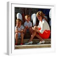 Princess Diana with sons William & Harry in Majorca in 1988 as guests of King Juan Carlos of Spain-null-Framed Photographic Print