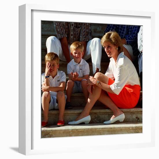 Princess Diana with sons William & Harry in Majorca in 1988 as guests of King Juan Carlos of Spain-null-Framed Photographic Print