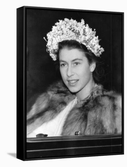 Princess Elizabeth (Queen Elizabeth II) wearing a fur coat-Associated Newspapers-Framed Stretched Canvas