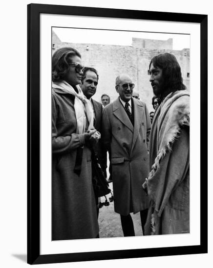 Princess Grace of Monaco Meets Actor Robert Powell 1976. on the Set of the Film the Life of Christ-null-Framed Photographic Print