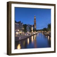 Prinsengracht canal and Westerkerk at dusk, Amsterdam, Netherlands-Ian Trower-Framed Photographic Print