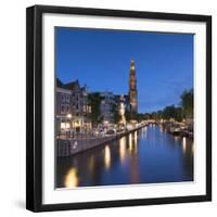 Prinsengracht canal and Westerkerk at dusk, Amsterdam, Netherlands-Ian Trower-Framed Photographic Print