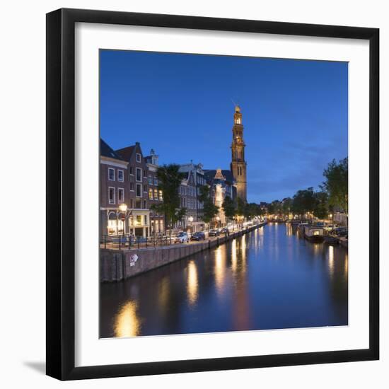 Prinsengracht canal and Westerkerk at dusk, Amsterdam, Netherlands-Ian Trower-Framed Photographic Print