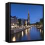 Prinsengracht canal and Westerkerk at dusk, Amsterdam, Netherlands-Ian Trower-Framed Stretched Canvas