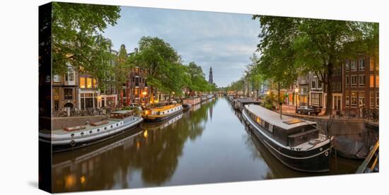 Prinsengracht Canal at Dusk with Westerkerk in Distance, Amsterdam, North Holland, Netherlands-null-Stretched Canvas