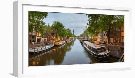 Prinsengracht Canal at Dusk with Westerkerk in Distance, Amsterdam, North Holland, Netherlands-null-Framed Photographic Print