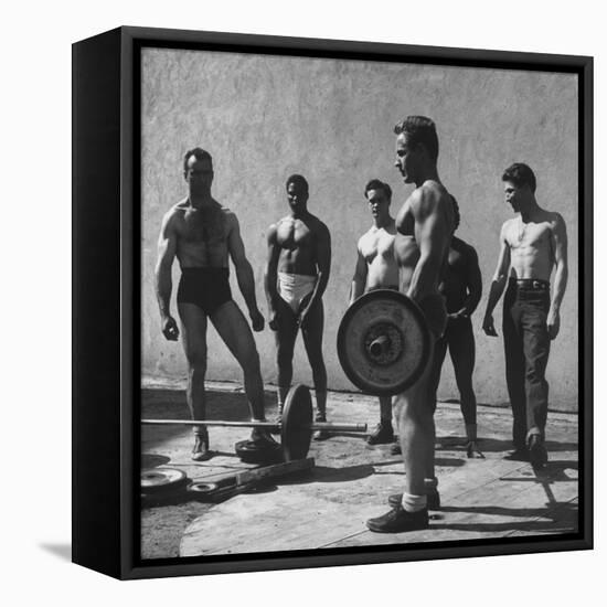 Prisoners at San Quentin Weightlifting in Prison Yard During Recreation Period-Charles E^ Steinheimer-Framed Stretched Canvas