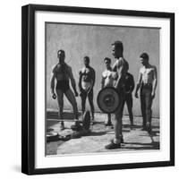 Prisoners at San Quentin Weightlifting in Prison Yard During Recreation Period-Charles E^ Steinheimer-Framed Photographic Print