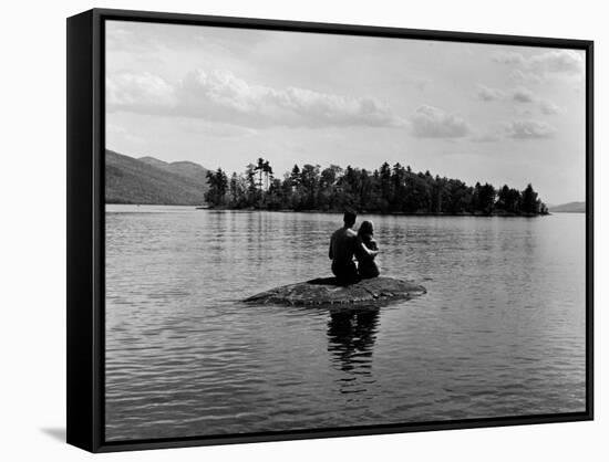 Private Island, Young Couple Embracing on a Small Rock Protruding from the Waters of Lake George-Nina Leen-Framed Stretched Canvas