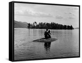 Private Island, Young Couple Embracing on a Small Rock Protruding from the Waters of Lake George-Nina Leen-Framed Stretched Canvas