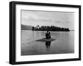 Private Island, Young Couple Embracing on a Small Rock Protruding from the Waters of Lake George-Nina Leen-Framed Photographic Print