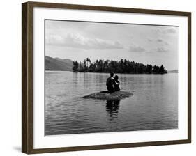 Private Island, Young Couple Embracing on a Small Rock Protruding from the Waters of Lake George-Nina Leen-Framed Photographic Print