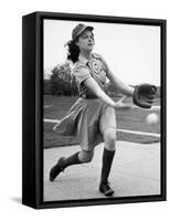 Pro Baseball Pitcher For Rockford Peaches, Caroline Morris, Demonstrating Her Underhanded Delivery-Wallace Kirkland-Framed Stretched Canvas