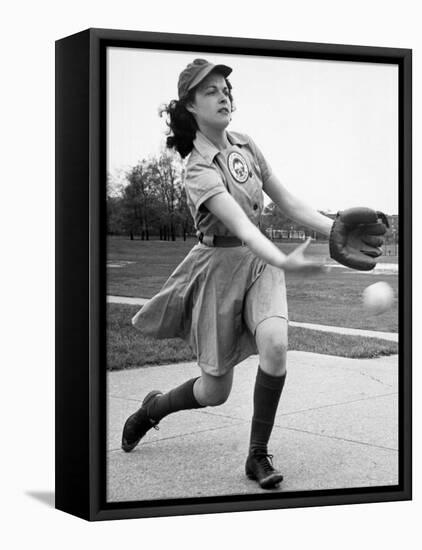 Pro Baseball Pitcher For Rockford Peaches, Caroline Morris, Demonstrating Her Underhanded Delivery-Wallace Kirkland-Framed Stretched Canvas