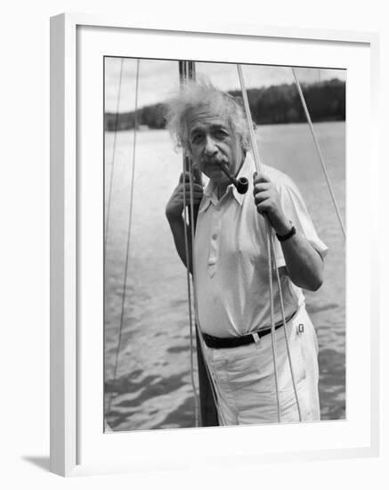 Prof. Albert Einstein on His Sailboat at Saranac Lake in the Adirondacks-null-Framed Premium Photographic Print