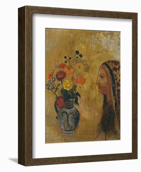 Profile of a Woman with a Vase of Flowers-Odilon Redon-Framed Giclee Print