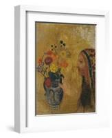 Profile of a Woman with a Vase of Flowers-Odilon Redon-Framed Giclee Print