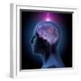 Profile of enlightened man with star-filled brain and glowing crown chakra.-Hank Grebe-Framed Art Print