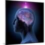 Profile of enlightened man with star-filled brain and glowing crown chakra.-Hank Grebe-Mounted Art Print