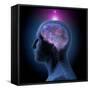 Profile of enlightened man with star-filled brain and glowing crown chakra.-Hank Grebe-Framed Stretched Canvas