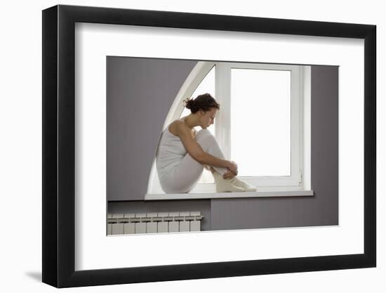 Profile Shot of Sad Woman Sitting on Window Sill-Nosnibor137-Framed Photographic Print