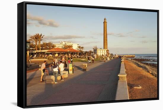 Promenade and Lighthouse Faro De Maspalomas in the Evening-Markus Lange-Framed Stretched Canvas