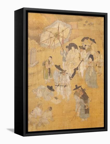 Promenade of a Notable, from Genre Scenes, 8 Panel Screen, Ink and Colour on Silk, Korea, Detail-Hong-Do Kim-Framed Stretched Canvas