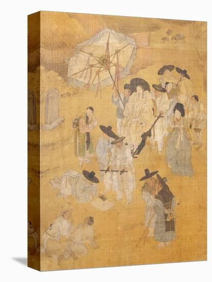 Promenade of a Notable, from Genre Scenes, 8 Panel Screen, Ink and Colour on Silk, Korea, Detail-Hong-Do Kim-Stretched Canvas