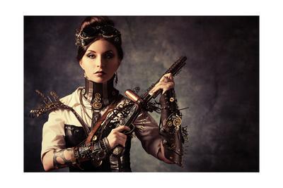 Portrait Of A Beautiful Steampunk Woman Holding A Gun Over Grunge Background