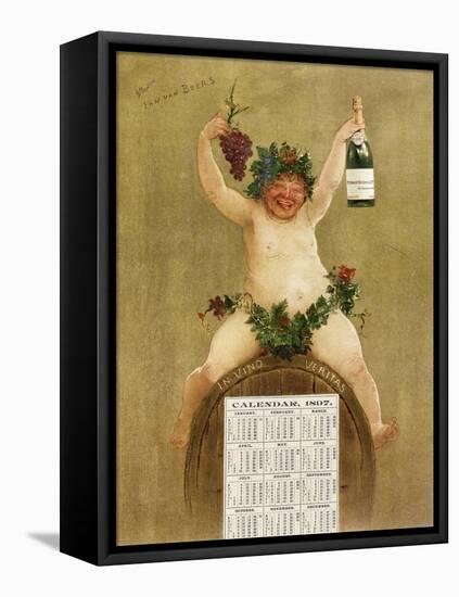 Promotional Calendar for Pfungst Freres Champagne, Illustrating Bacchus Seated on a Barrel-Jan van Beers-Framed Stretched Canvas