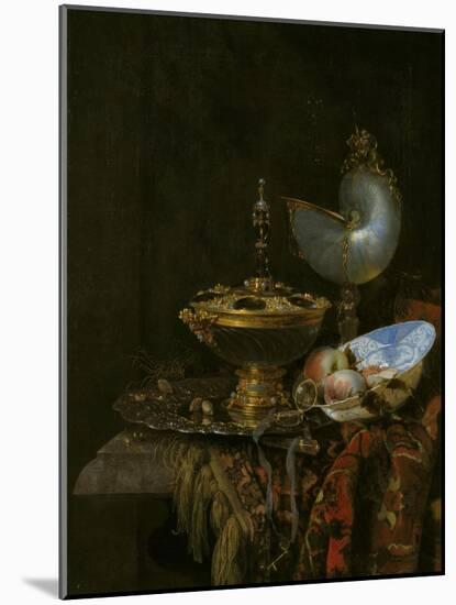 Pronk Still Life with Holbein Bowl, Nautilus Cup, Glass Goblet and Fruit Dish, 1678-Willem Kalf-Mounted Giclee Print