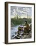 Prospector Washing Pebbles from a Stream Using a Cradle Device to Sparate Gold Nuggets-null-Framed Giclee Print