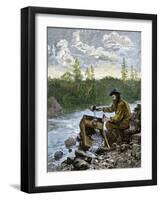 Prospector Washing Pebbles from a Stream Using a Cradle Device to Sparate Gold Nuggets-null-Framed Giclee Print