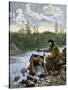 Prospector Washing Pebbles from a Stream Using a Cradle Device to Sparate Gold Nuggets-null-Stretched Canvas