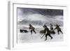 Prospectors' Dogsled in a Snowstorm to Get to the Klondike Goldfields, 1898-null-Framed Giclee Print