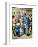 Prospectors Gather Round a Woman in a Gold Camp-null-Framed Giclee Print