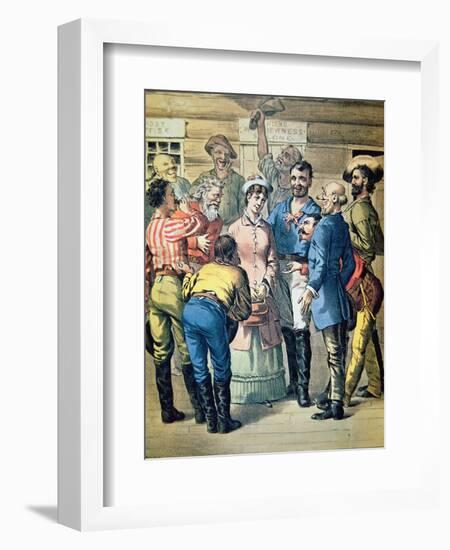 Prospectors Gather Round a Woman in a Gold Camp-null-Framed Giclee Print