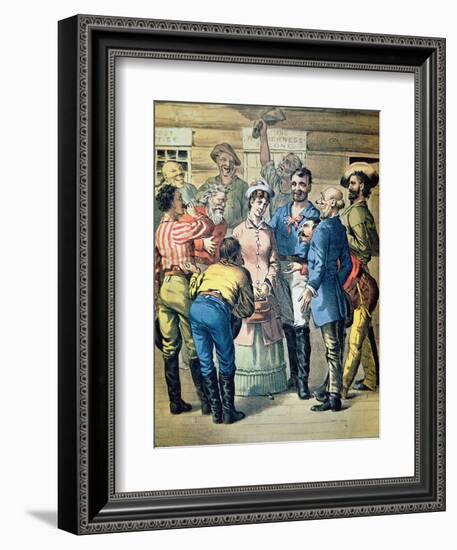 Prospectors Gather Round a Woman in a Gold Camp-null-Framed Giclee Print