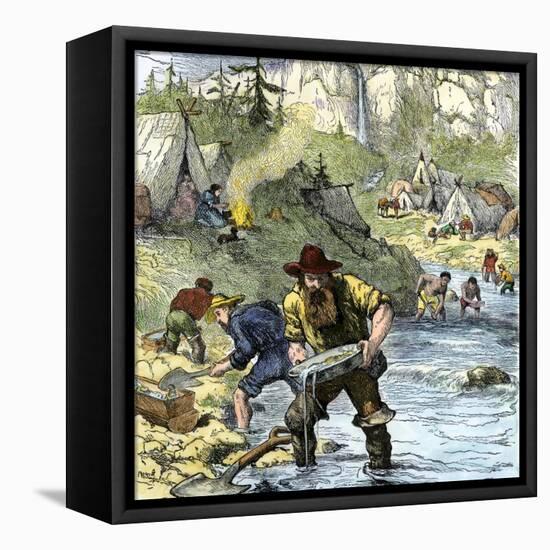 Prospectors Panning for Gold in the California Gold Rush-null-Framed Stretched Canvas