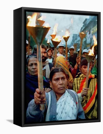 Protesters March in New Delhi's Red Light District-null-Framed Stretched Canvas