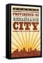 Providence, Rhode Island - Skyline and Sunburst Screenprint Style-Lantern Press-Framed Stretched Canvas