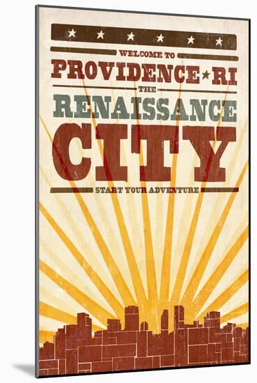 Providence, Rhode Island - Skyline and Sunburst Screenprint Style-Lantern Press-Mounted Art Print