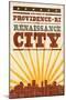 Providence, Rhode Island - Skyline and Sunburst Screenprint Style-Lantern Press-Mounted Art Print