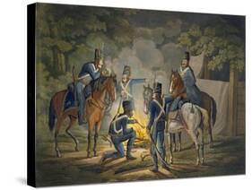 Prussian Hussars on a Night Picket, C.1799-1802 (Colour Litho)-Conrad Gessner-Stretched Canvas