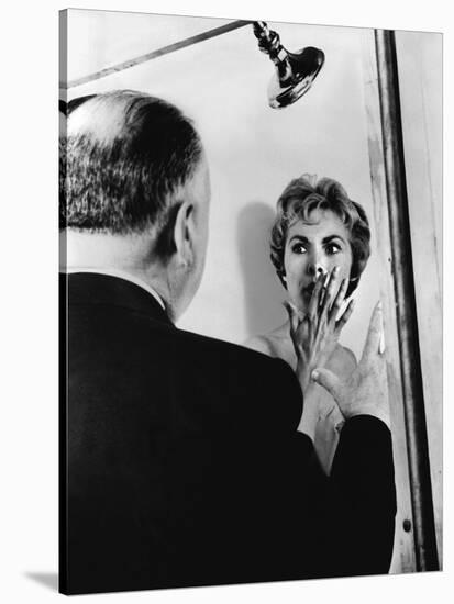 PSYCHO, 1960 directed by ALFRED HITCHCOCK On the set, Alfred Hitchcock directs Janet Leigh (b/w pho-null-Stretched Canvas