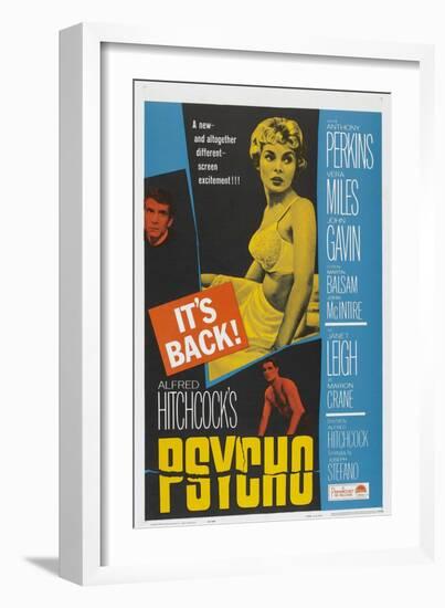 PSYCHO, US poster, Anthony Perkins (left), Janet Leigh (center), John Gavin (bottom), 1960-null-Framed Art Print