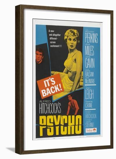 PSYCHO, US poster, Anthony Perkins (left), Janet Leigh (center), John Gavin (bottom), 1960-null-Framed Art Print